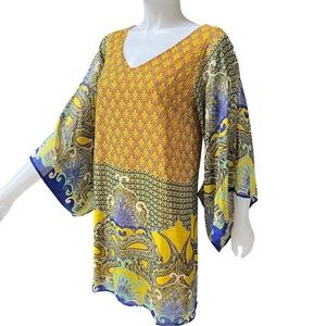 Vintage Yellow Blue Floral Tunic‎ Blouse Romantic Fairycore Resortwear 90's Y2K